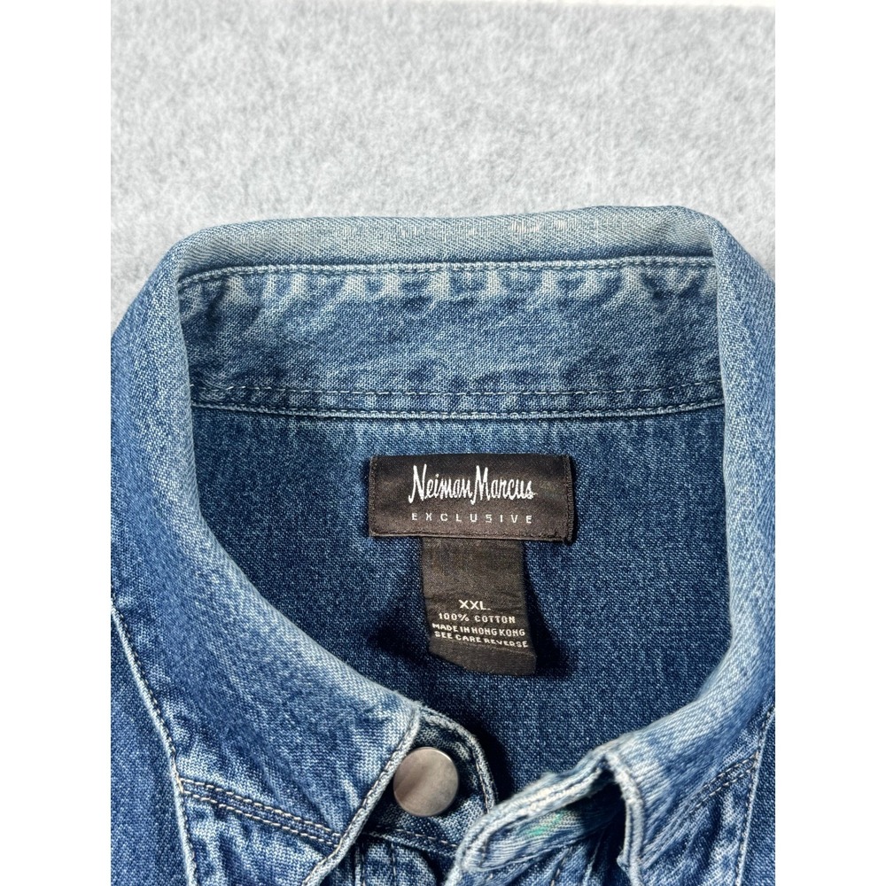 Neiman Marcus Exclusive Mens XXL Denim Button Down Shirt Blue Cotton Long Sleeve - Picture 3 of 11